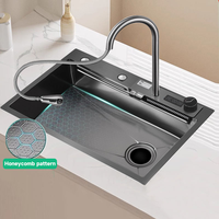 Évier de cuisine encastré intelligent en acier inoxydable brossé fait main, moderne, à cuve unique, épaisseur 3 mm, avec robinet noir nano à quatre trous