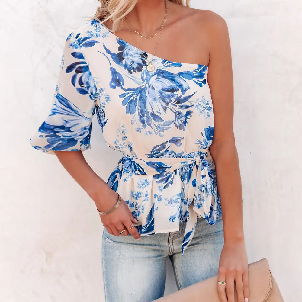 2023 New one shoulder blouse printed blouse lace up single sleeve woman tops