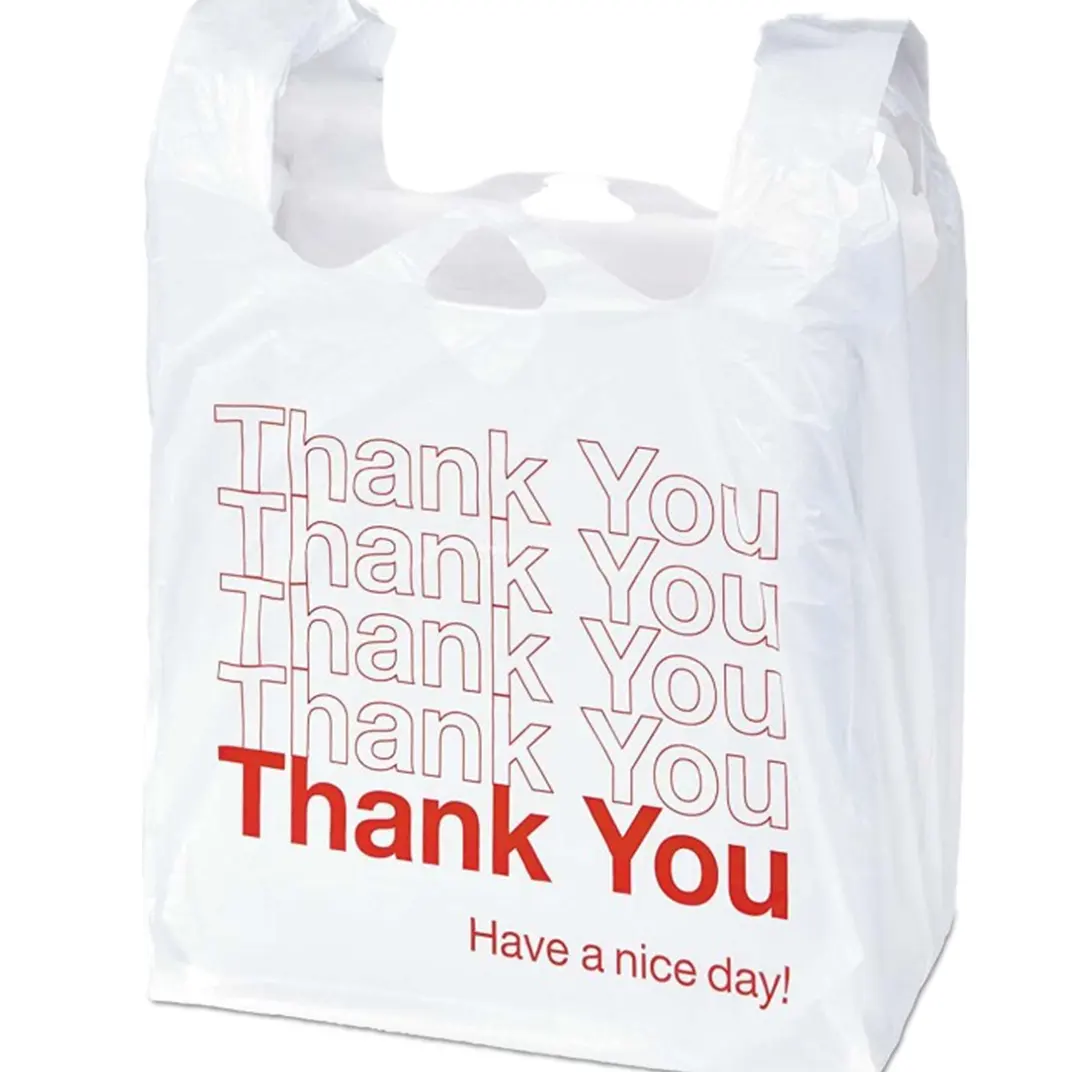 ヒートシールECOキャリーパッケージショッピングプラスチックTシャツバッグスーパーマーケット用ありがとうロゴ付き