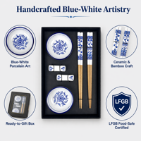 Ensemble de vaisselle en céramique de porcelaine bleue et blanche personnalisé en gros, avec bol à ramen, porte-baguettes et coffret cadeau pour thé matcha