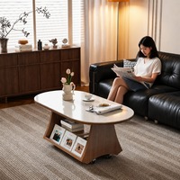 Table basse ovale mobile en pierre frittée et bois, style mi-siècle, durable et multifonctionnelle, pour salon et maison
