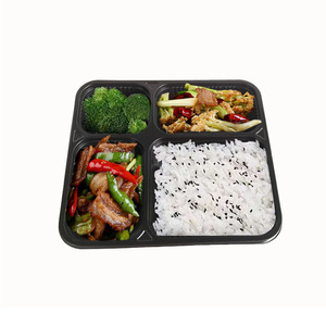 Lonchera Desechable de Cuatro Compartimentos con Tapa, Contenedor Rectangular para Comida para Llevar, Apto para Microondas, Plástico Negro - Product Image 1