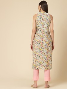 Kurti Tradicional Indio con Estampado Floral, de Poliéster, sin Mangas, para Mujer, Cuello Redondo, Corte Recto, Casual, Elegante, para Oficina - Product Image 3