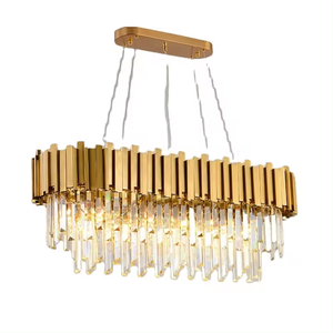 Adjustable Height Mid Century <b>Industrial</b> K9 Crystal <b>Light</b> <b>Fixture</b> Chandelier Supply 8 <b>Lights</b> Gold Oval Metal Pendant - Product Image 4