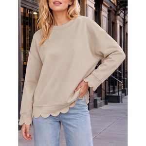 Custom Womens Oversized <b>Crewneck</b> Knitted Sweatshirt Scalloped Hem Long Sleeve Soft Breathable Relaxed Fit Casual Pullover Top - Product Image 3