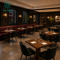 Ensemble de mobilier commercial Ron Group pour hôtel et restaurant : table carrée en bois, chaise à dossier haut en cuir, banquette rembourrée