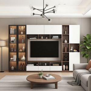 Mueble de TV Moderno Minimalista de Madera de Nogal con Puertas de Vidrio, Centro de Entretenimiento Integrado, Estantes Abiertos, para Sala de Estar, Hotel, Escuela - Product Image 2