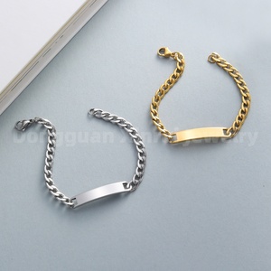 Fashion Jewelry Logo Name Customized Engraved Blank Bar Bracelet 18K Gold PVD Plated Curb Chain Stainless Steel <b>Men</b> Bracelet - Product Image 4