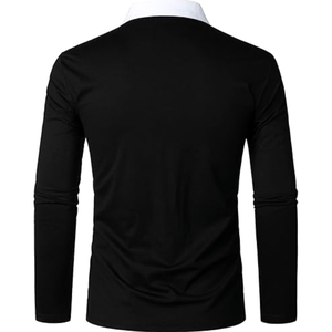 Polo de manga larga para hombre con bloques de color y cremallera, top informal de punto, negro y blanco - Product Image 3