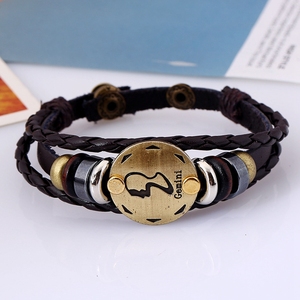 Punk Style Antique Plaqué Or Charme Astrologie Tressé Corde En Cuir Hommes 12 Signe <span class=keywords><strong>Du</strong></span> Zodiaque Bracelet Bijoux - Product Image 4