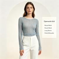 Pull en maille décontracté à manches longues Marla Custom Pointelle de haute qualité, couleur bleu clair, OEM & ODM, pull de printemps