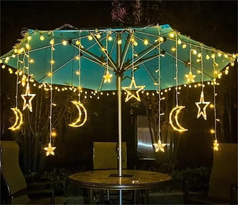 Diwali Lights 138 LED Star Moon Curtain Light Six Small Six Big Twinkle Fairy String Window Christmas Led Curtain Lights