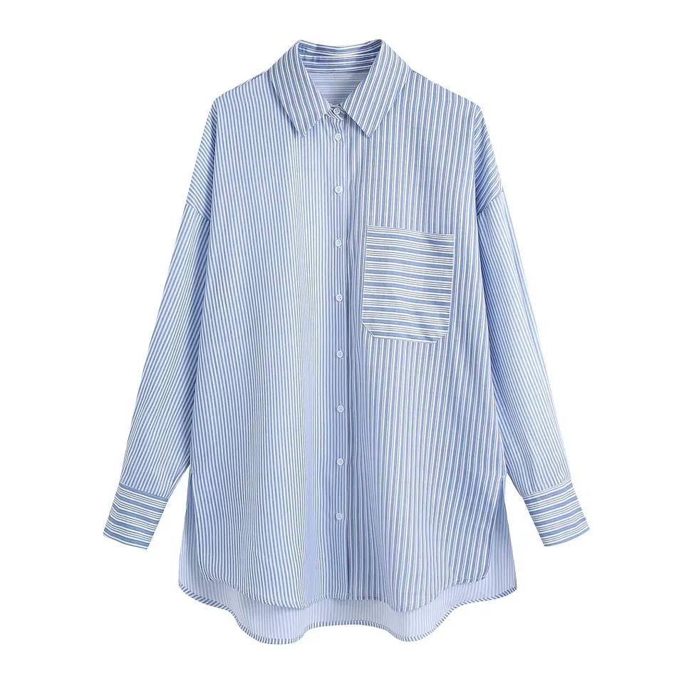 womens shirts High low design blue color turn down collar buttons up long sleeve casual tops blouse for ladies