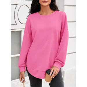 Fisoew Women's Crewneck <b>Sweatshirt</b> <b>Long</b> Sleeve Asymmetric Hem Loose Fit Casual Top Rose Red - Product Image 2