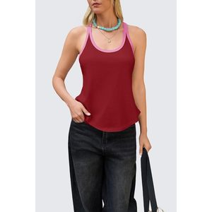 Camiseta sin mangas deportiva para mujer, espalda cruzada, roja con ribete rosa, transpirable, de punto, elastano y poliéster, para verano, ajuste holgado, bajo curvo - Product Image 5