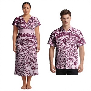 Conjunto Casual de Verano para Parejas, Tallas Grandes, Vestido Aloha con Cuello Cruzado en V para Mujer, Camisa Samoana para Hombre, Estampado Floral Polinesio - Product Image 2
