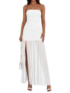 Vestido Maxi Blanco de Gasa sin Tirantes con Abertura Lateral, Elegante Vestido de Noche para Verano - Product Image 1