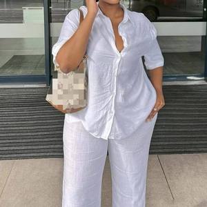 Women's Solid Color Lapel Short Sleeve Shirt Loose Top Long <b>Pants</b> African New 2 Piece Set Fashion - Product Image 5