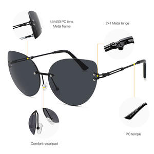 Elegantes Gafas de Sol Cat Eye sin Montura, Lentes de PC con Protección UV400, Marco de Metal, para Mujer, a la Moda, Protección Solar, Estilo Viaje, Color Negro - Product Image 1