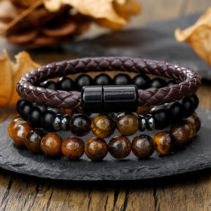 Hip Hop Punk boncuklu erkek bilezik yığılmış siyah akik kaplan gözü deri manyetik toka bilezik ile Set - Product Image 1