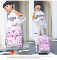 Sac à dos scolaire en polyester résistant à l'eau pour enfants avec 6 roues, poignée en aluminium, coussin en maille nid d'abeille, vente en gros OEM