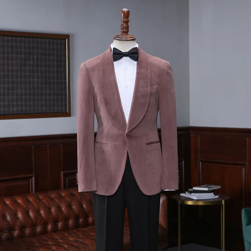 Cenne des graoom Gentleman light luxury pink velvet green collar dress suit trim velvet suit man