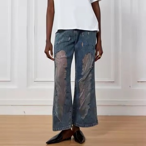 Nuevas llegadas: Jeans de mujer de tiro bajo, de alta calidad, holgados, de pierna ancha, con efecto desgastado y patchwork de organza. - Product Image 3