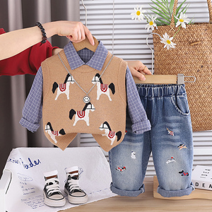 Ensembles de Vêtements Décontractés pour Garçons : Gilet à Boutons, Chemise Imprimée à Manches Longues et Pantalon à Motifs de Dessins Animés – Vente en Gros, Modèle Populaire de Créateur - Product Image 2