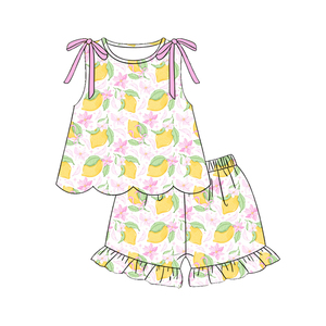 Conjuntos de Shorts para Niñas con Estampado de Flores y Limones, Diseño Casual de Primavera/Otoño, Transpirables, de Algodón y Spandex, con Lazos y Borde Festoneado - Product Image 2