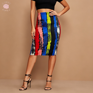 Jupe crayon mi-longue taille haute pour femme, imprimé rayé abstrait lumineux, extensible et moulante - Product Image 1