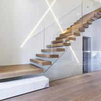 Nouvelle arrivée, escalier flottant en bois massif au design moderne avec garde-corps en verre pour villa de luxe ou appartement, escalier droit intérieur