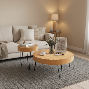 Modern Boho Round Coffee <b>Tables</b> Set Of 2 Solid Pine Wood Top Metal Legs <b>Nesting</b> Living Room Furniture Natural Finish - Product Image 2