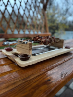 Handgefertigtes Grillspieß-Tablett aus Eschenholz mit Edelstahl-Abtropfschale, Holz-Grill-Serviertablett für Outdoor-Barbecue