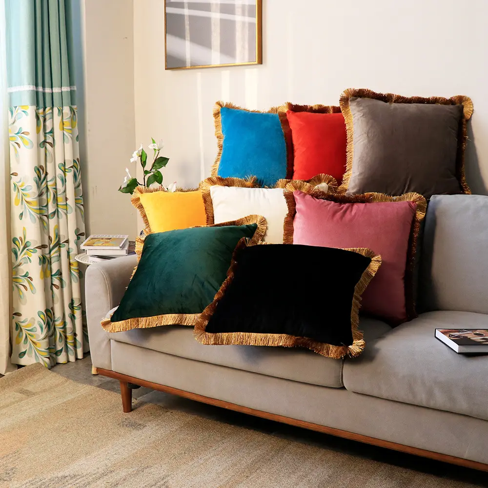 Nordics Simple Golden Fringe Edge fodera per cuscino per divano in velluto tinta unita fodera per cuscino decorativo decorazioni per la casa