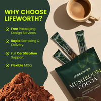 Suplemento Natural para Dormir LIFEWORTH, Cacao Caliente en Polvo con Hongos Reishi, L-Teanina, Melatonina, Magnesio Glicinato