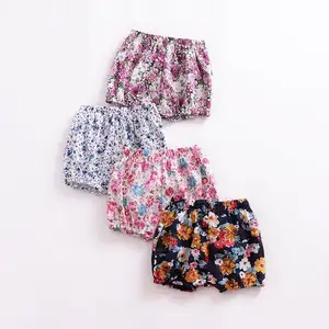 Calção infantil para meninas, shorts de cintura elástica com estampa de flores em 4 cores