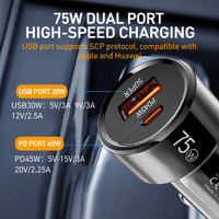 Pengisi Daya Mobil Dual Port 75W PD 45W USB dan 30W Pengisi Daya Mobil Cepat untuk Ponsel Laptop Tablet