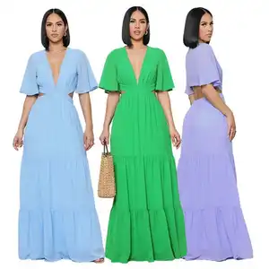 Elegant Solid Color Elegant V Neck Short Sleeve High Waist Hollow Women's Puff Sleeve Floor Length Dress for Women