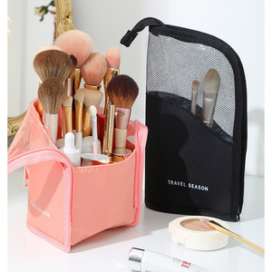 Travel Season Makeup Brush Storage Bag Pink Black Mesh Cosmetic Toiletry Bag Portable Organizer for Women Makeup Tools - Product Image 1