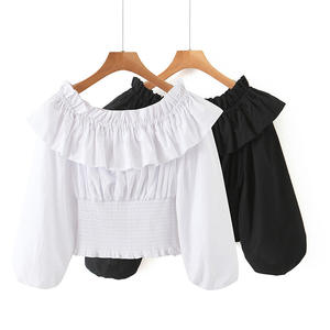 Happy Hut Top de manga abullonada con hombros descubiertos para mujer, algodón blanco, transpirable, talla grande N7634 - Product Image 3