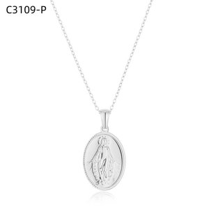 Collar con colgante religioso Amy Amy, medalla cristiana ovalada plateada, regalo diario para mujer, cadena con caja de joyería C3109 - Product Image 1