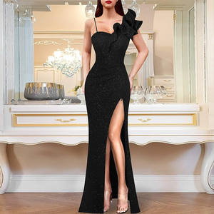 المرأة كشكش حزام كتف واحد مكشكش رسمي حفلة موسيقية الزفاف فستان ماكسي الخامس الرقبة أنيقة الانقسام كوتيل مساء ثوب طويل - Product Image 4