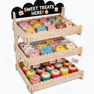 Présentoir à gâteaux personnalisable, support à biscuits à étages en bois avec tableau noir pour boulangeries, vente en gros pour marchés et foires - Product Image 1