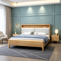 Cama Moderna de Madera Maciza de Roble con Cabecera LED Suave, Puerto de Carga USB y Almacenamiento, Estructura de Cama Doble para Dormitorio