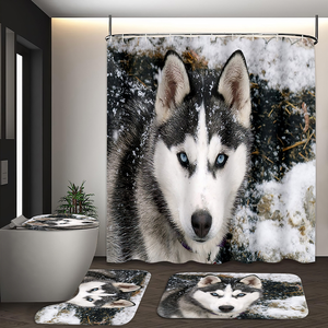 Juego de Cortina de Ducha de Poliéster con Estampado de Lobo <span class=keywords><strong>Husky</strong></span> de Muyu Wholesale, 4 Piezas, Impermeable, Ecológico, Decoración para Baño, Alfombrillas Antideslizantes para Inodoro - Product Image 1