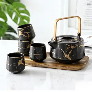 Wholesale Arabic Turkish Black White Marble Ceramic Tea Coffee Cups Sets with Teapot and Tray for Gift