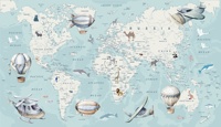 Papier peint mural auto-adhésif imperméable, motif dessin animé aquarelle fantaisie, ballon à moteur et carte du monde, pour la décoration murale de chambre d'enfant