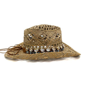 <span class=keywords><strong>N171</strong></span> Chapeau de cowboy de plage tressé à la main, creux et respirant, en paille naturelle avec décoration en coquillage, personnalisable en usine - Product Image 4