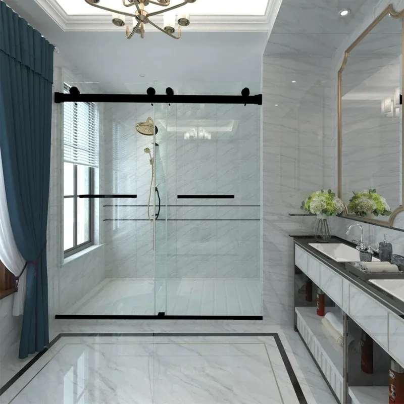 60" W X 76" H Frameless Tempered Glass pulleys double sliding shower door for bathroom