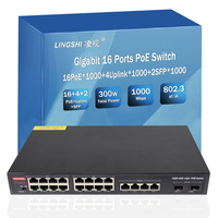 Switch Ethernet POE Gigabit de 16 Puertos con 4 Puertos de Enlace Ascendente RJ45 Gigabit y 2 Puertos SFP de 1000M, Sin Administración, 48V 300W, Detección Inteligente